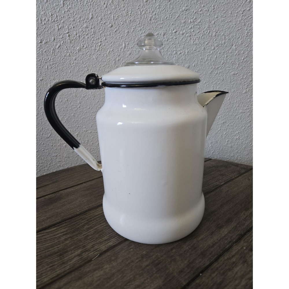 Vintage White & Black Enamelware Coffee Pot Percolator Camping Farmhouse Retro